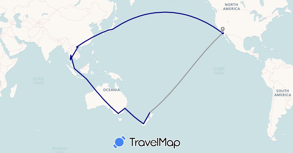 TravelMap itinerary: driving, plane in Australia, Indonesia, Japan, New Zealand, Singapore, Thailand, United States, Vietnam (Asia, North America, Oceania)